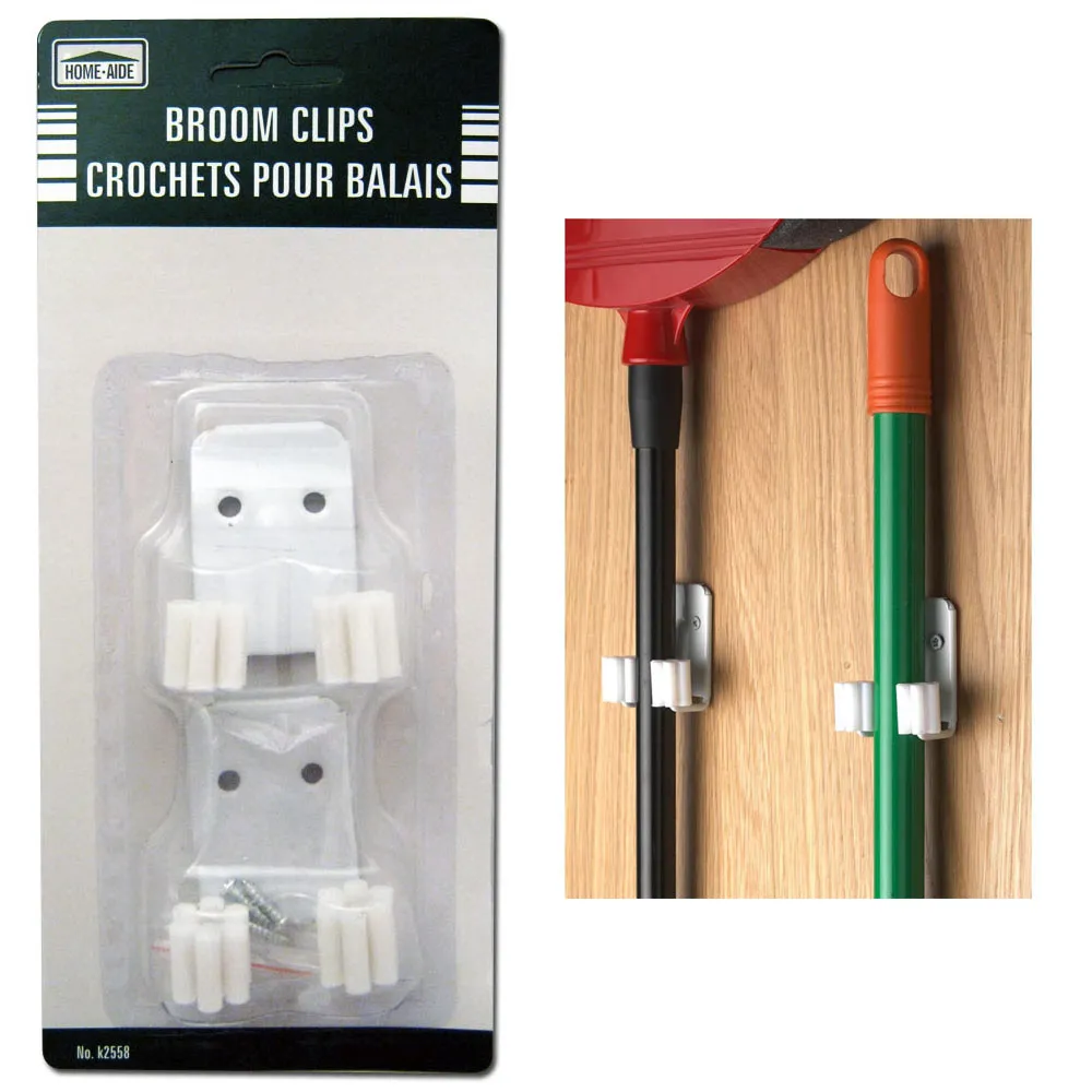 2 Pack Broom Clips Holder Mop Mount Hanging Wall Hook Grip Handle Home Organizer