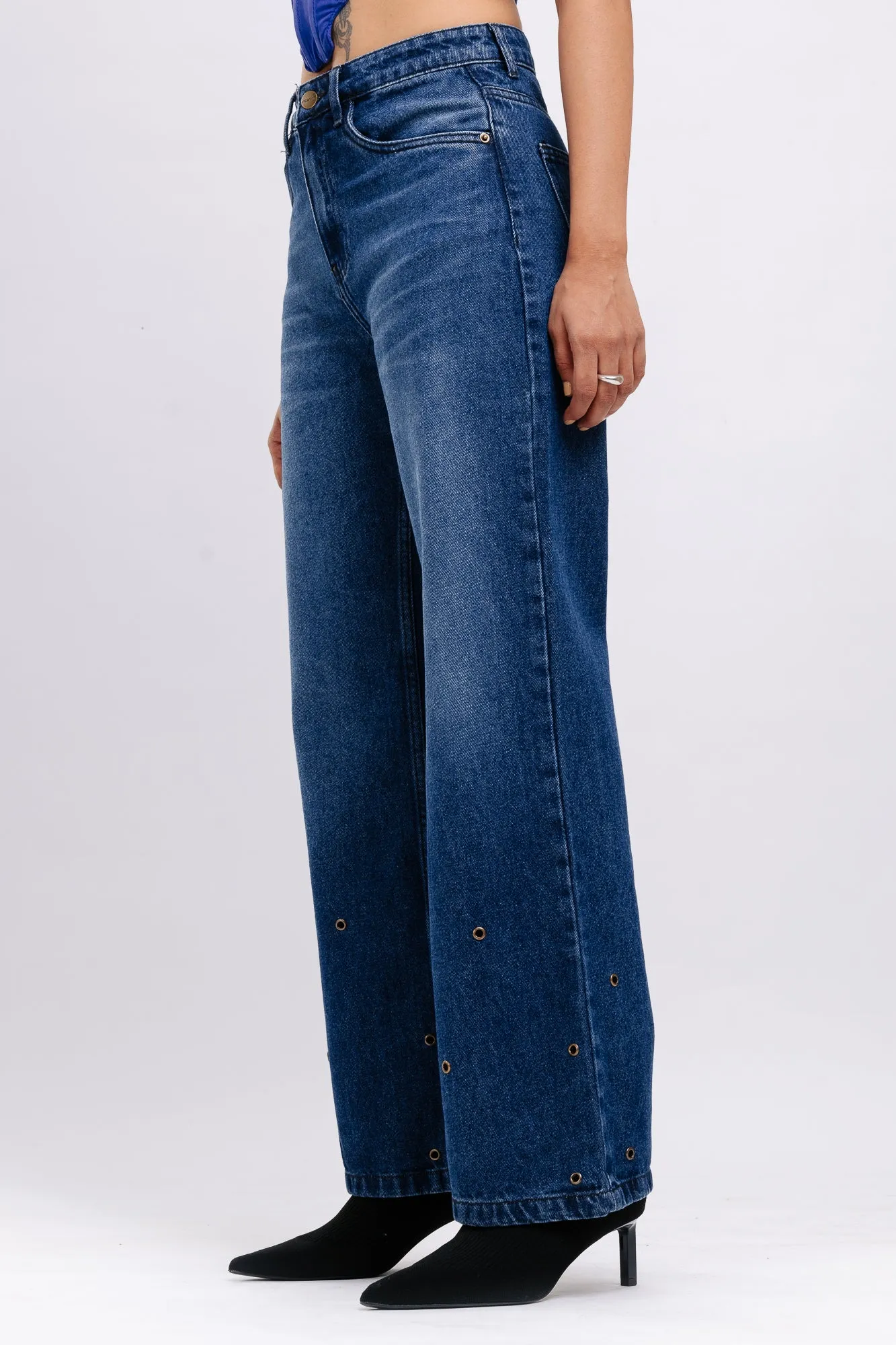 Eyelet Detailed Wide Jeans