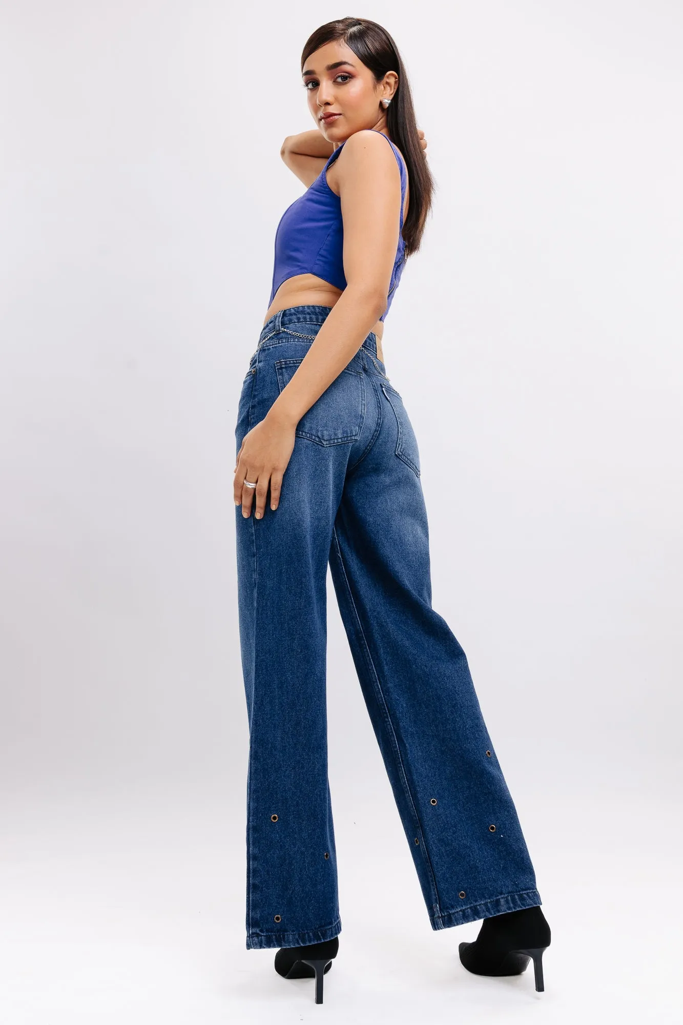 Eyelet Detailed Wide Jeans